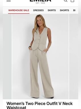 Cream Linen-Blend Vest & Wide-Leg Jumpsuit Set